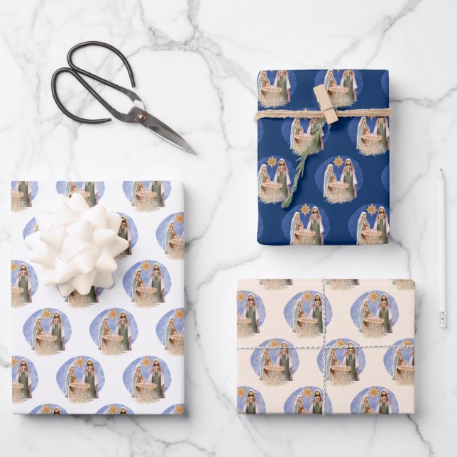 Nativity Scene Mary Joseph Jesus Pattern Christmas Wrapping Paper Sheets (Front)