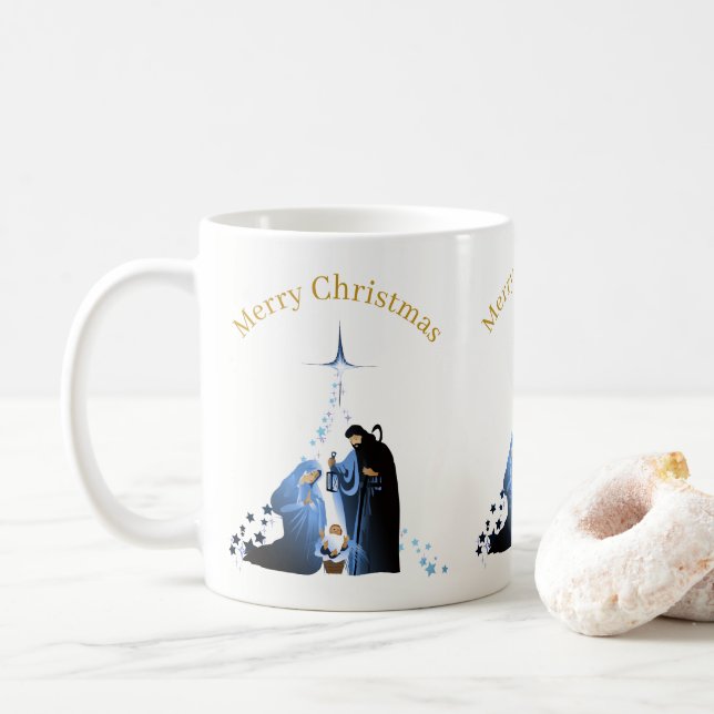 Nativity Scene Merry Christmas greetings Coffee Mug (With Donut)