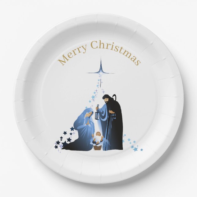Nativity Scene Merry Christmas greetings Paper Plates (Front)