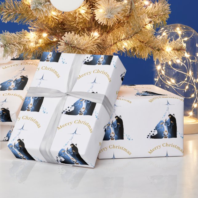 Nativity Scene Merry Christmas greetings Wrapping Paper (Holidays)