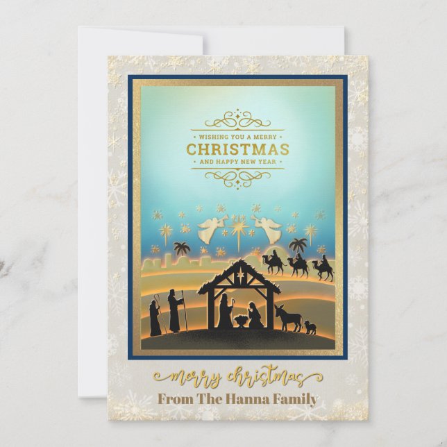 Nativity Scene "Merry Christmas & Happy New Year" Holiday Card (Front)