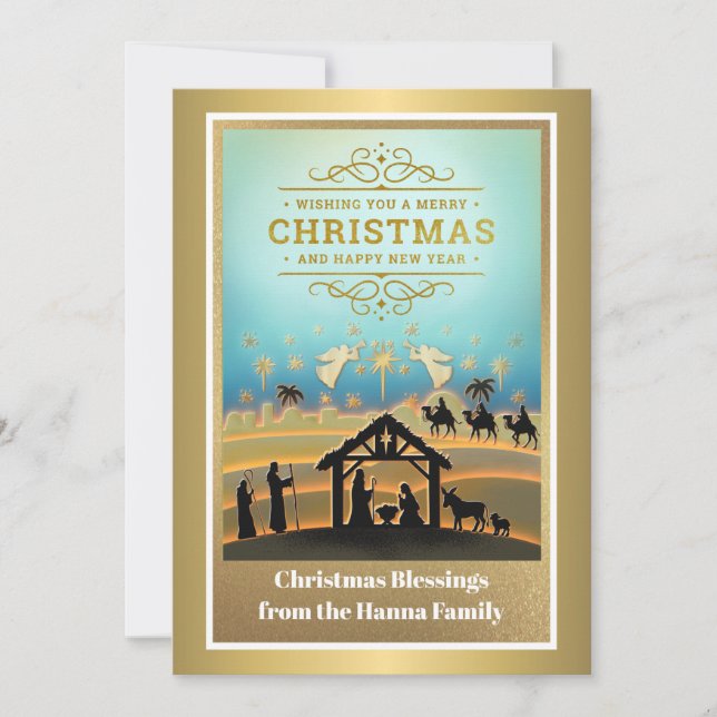 Nativity Scene "Merry Christmas & Happy New Year" Holiday Card (Front)