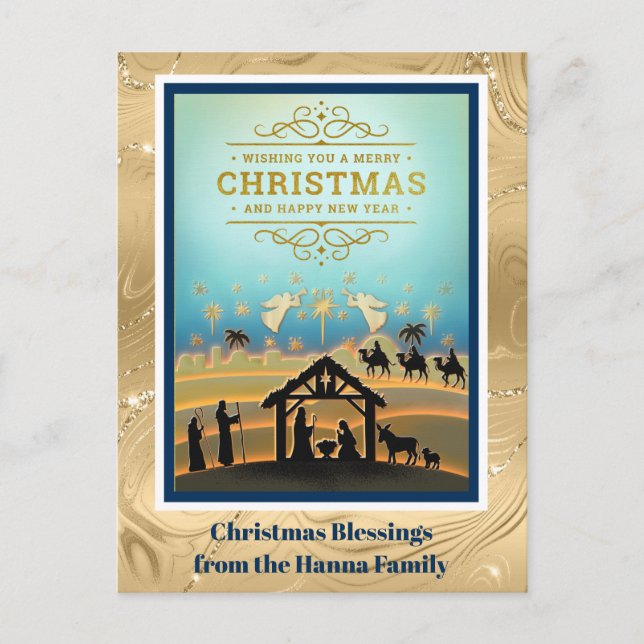 Nativity Scene "Merry Christmas & Happy New Year" Holiday Postcard (Front)
