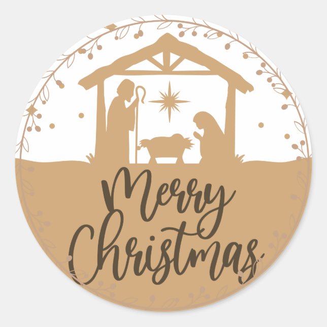 Nativity Scene Merry Christmas Round Sticker (Front)