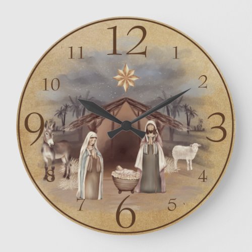 Nativity Scene on Brown Rustic Parchment Large Clock