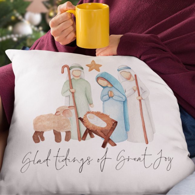 Nativity Scene Script Glad Tidings of Great Joy Throw Pillow (Mary Joseph baby Jesus and Shepherd Glad Tidings Pillow. Same design both sides)