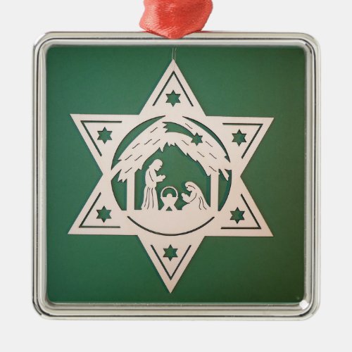 Nativity Scene Silhouette Green Background Design Metal Ornament