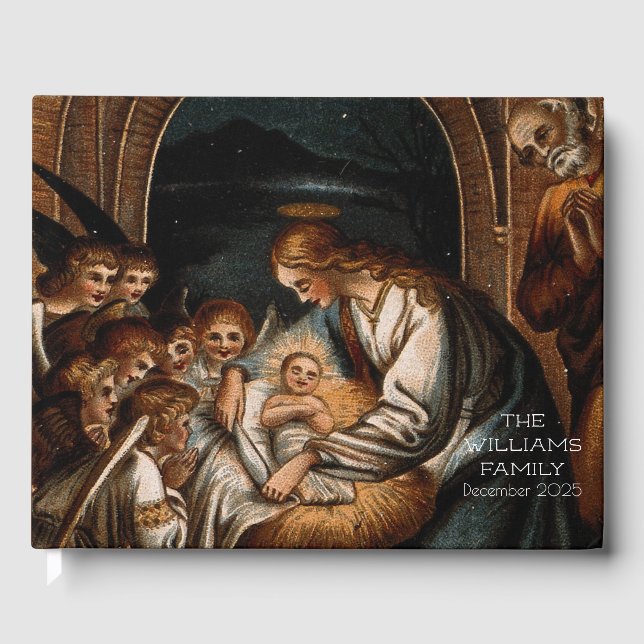 Nativity Scene Virgin Mary Baby Jesus Angels Crib Guest Book (Front)