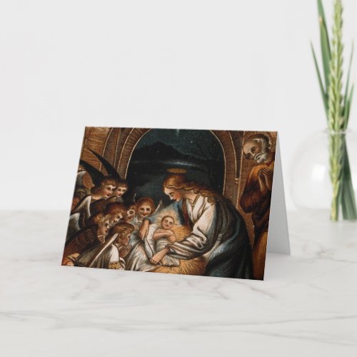 Nativity Scene Virgin Mary Baby Jesus Angels Crib Holiday Card