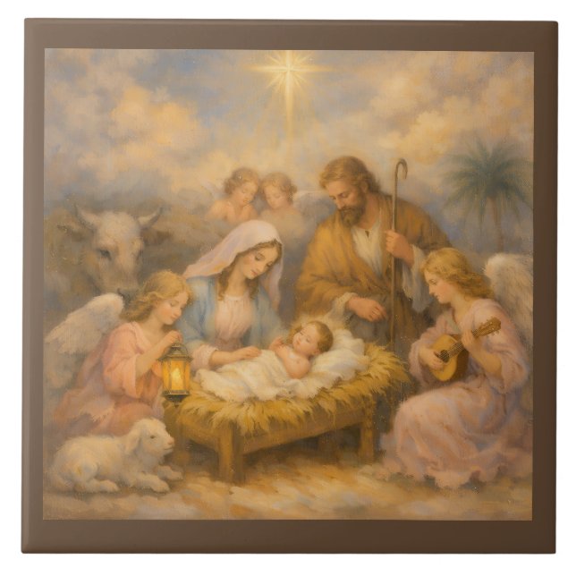 Nativity Scene With Angels Ceramic Tile (Front)
