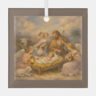 Nativity Scene With Angels Glass Ornament