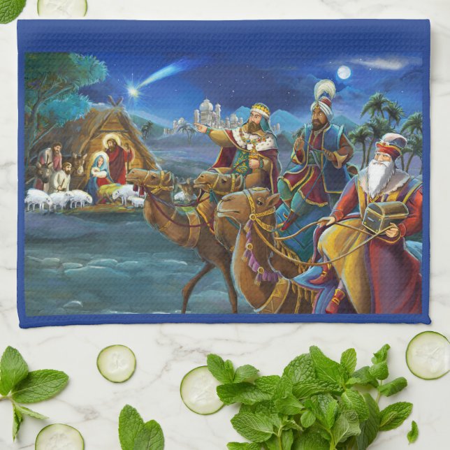Nativity scene with wise men Christmas Holiday   Kitchen Towel (Folded)