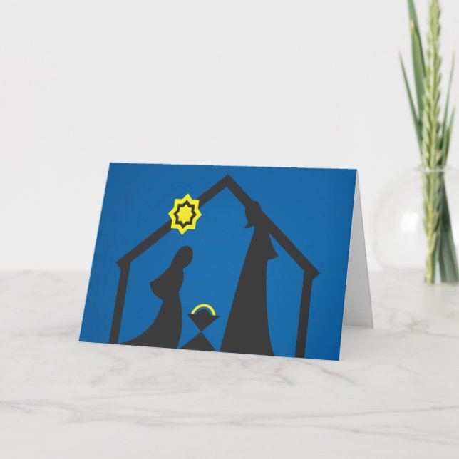 Nativity Silhouette Christmas Card Black on Blue (Front)