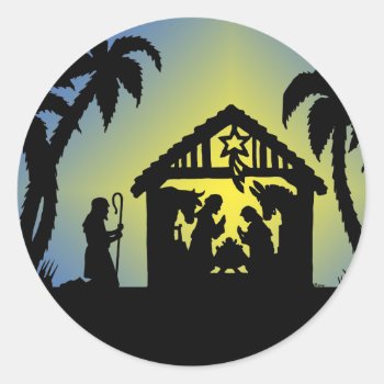 Nativity Silhouette Joy To The World Classic Round Sticker by gingerbreadwishes at Zazzle