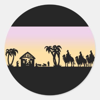 Nativity Silhouette Wise Men On The Horizon Classic Round Sticker by gingerbreadwishes at Zazzle