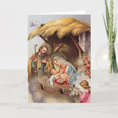 Nativity St Joseph Virgin Mary Baby Jesus Angels Holiday Card