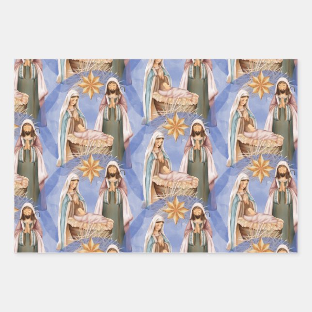Nativity Stable Scene Pattern Holiday Wrapping Paper Sheets (Front)