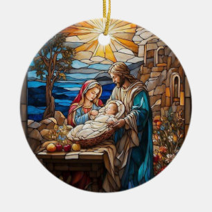 Nativity Stained Glass Art, Birth of Saviour Jesus Ceramic Ornament