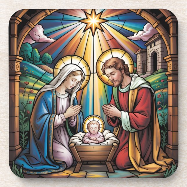 Nativity Stained Glass Art – Holy Family Christmas Beverage Coaster (Front)