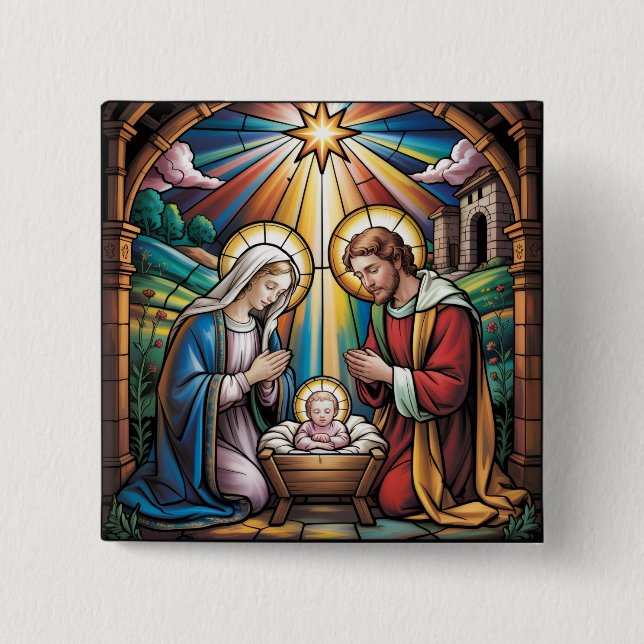 Nativity Stained Glass Art – Holy Family Christmas Button (Front)