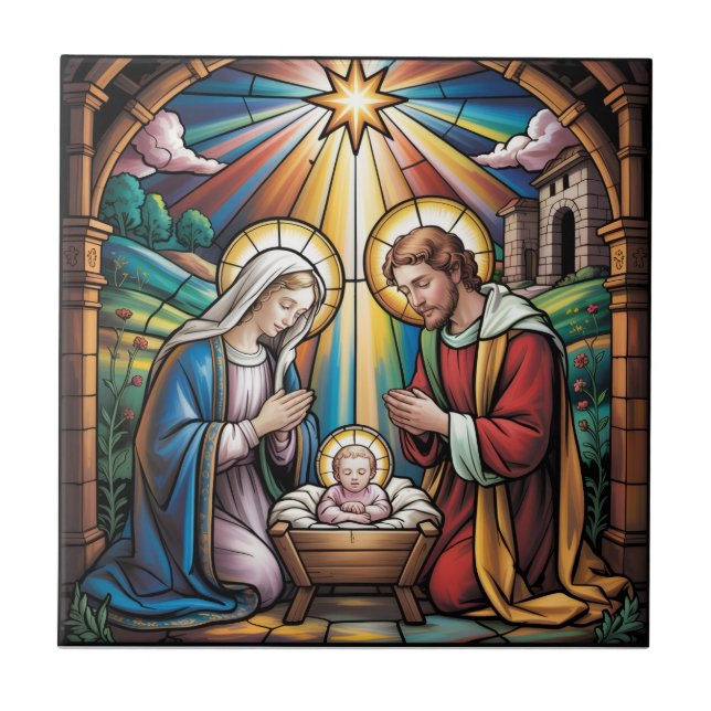 Nativity Stained Glass Art – Holy Family Christmas Ceramic Tile (Front)