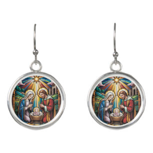 Nativity Stained Glass Art – Holy Family Christmas Earrings