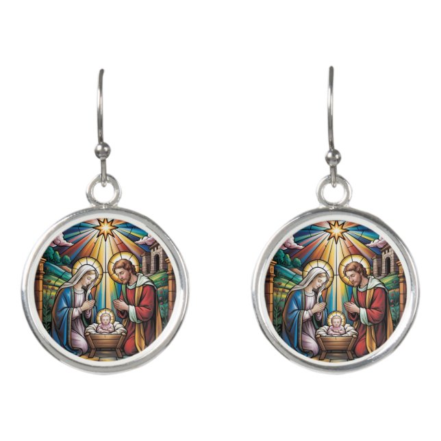 Nativity Stained Glass Art – Holy Family Christmas Earrings (Front)