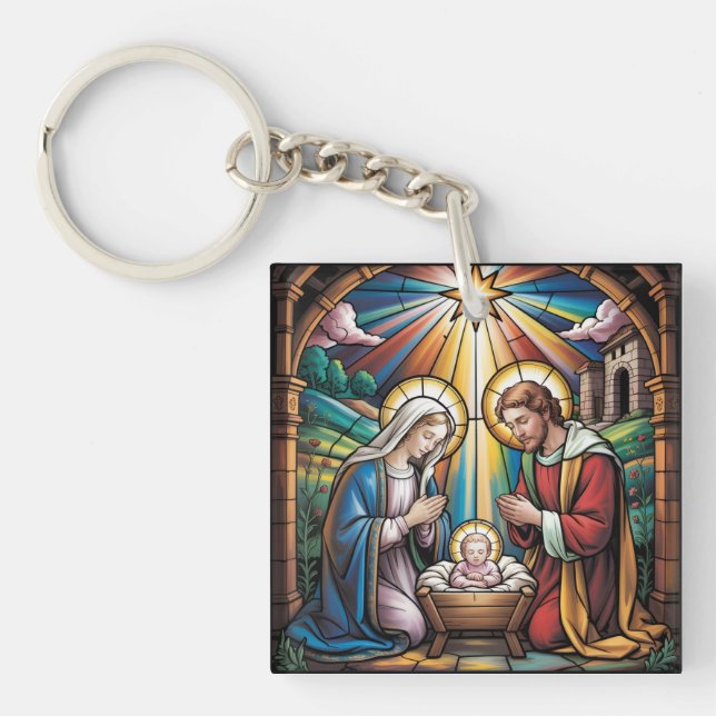 Nativity Stained Glass Art – Holy Family Christmas Keychain (Front)