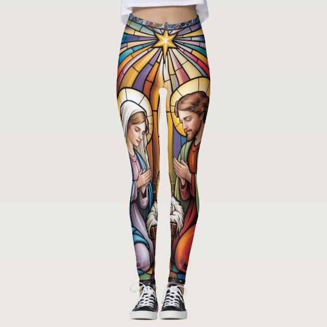 Nativity Stained Glass Art – Holy Family Christmas Leggings (Front)