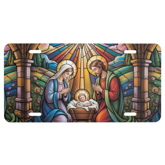 Nativity Stained Glass Art – Holy Family Christmas License Plate (Front)