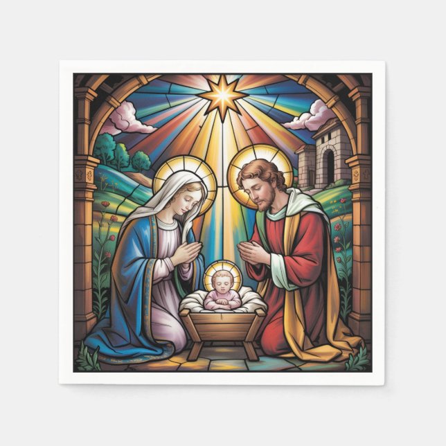 Nativity Stained Glass Art – Holy Family Christmas Napkins (Front)