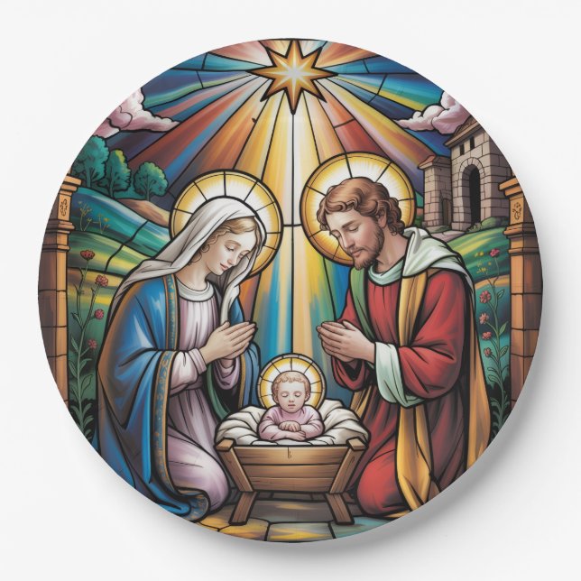 Nativity Stained Glass Art – Holy Family Christmas Paper Plates (Front)