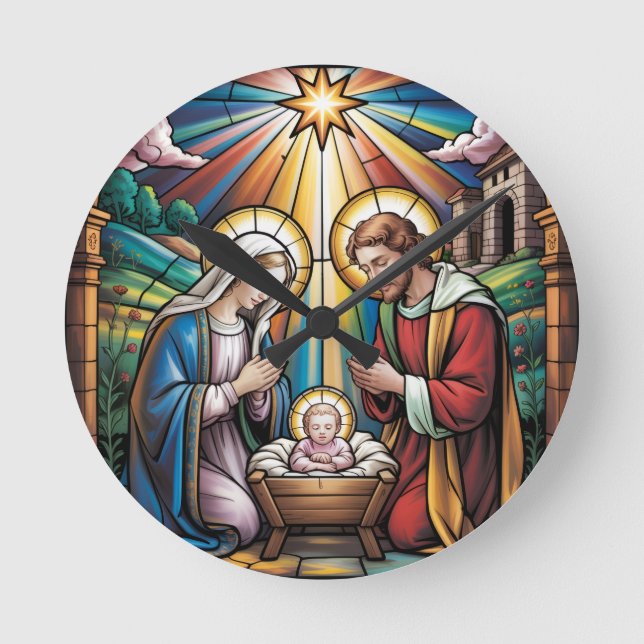 Nativity Stained Glass Art – Holy Family Christmas Round Clock (Front)