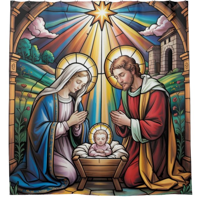 Nativity Stained Glass Art – Holy Family Christmas Shower Curtain (Front)