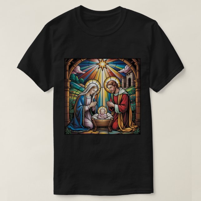 Nativity Stained Glass Art – Holy Family Christmas T-Shirt (Design Front)