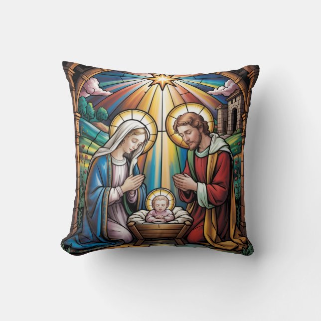 Nativity Stained Glass Art – Holy Family Christmas Throw Pillow (Front)