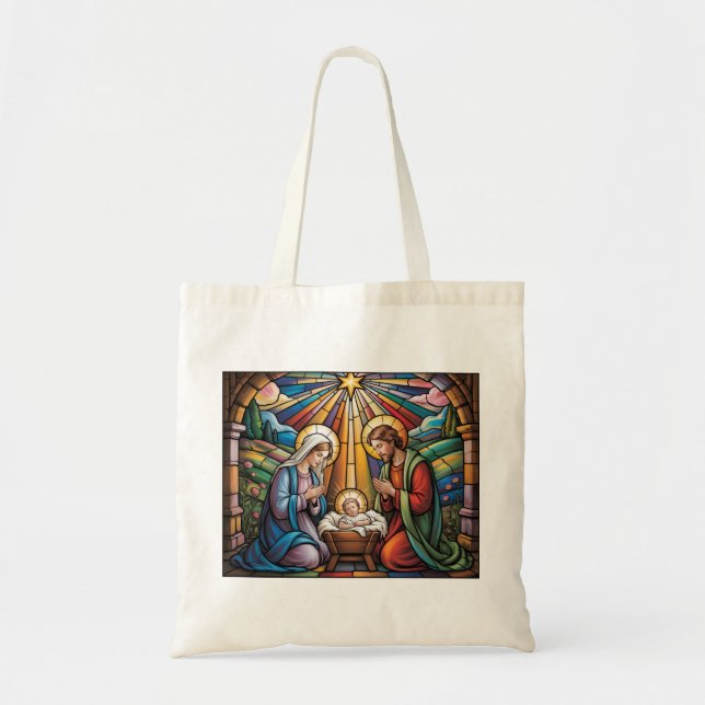 Nativity Stained Glass Art – Holy Family Christmas Tote Bag (Front)