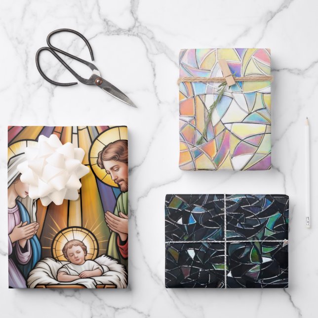 Nativity Stained Glass Art – Holy Family Christmas Wrapping Paper Sheets (Front)