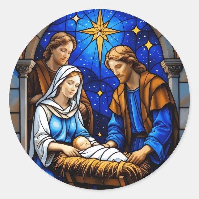 Nativity Stained Glass Christmas Window Classic Round Sticker (Front)