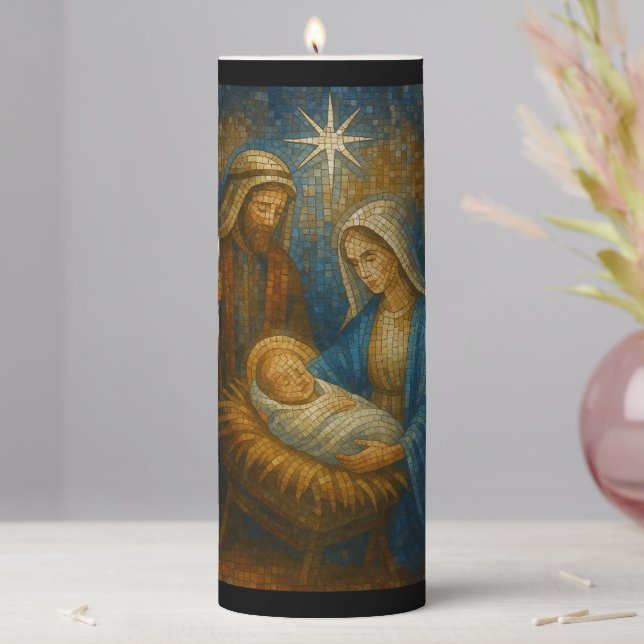 Nativity Stained Glass Mosaic | Holy Family  Pillar Candle (In Situ)