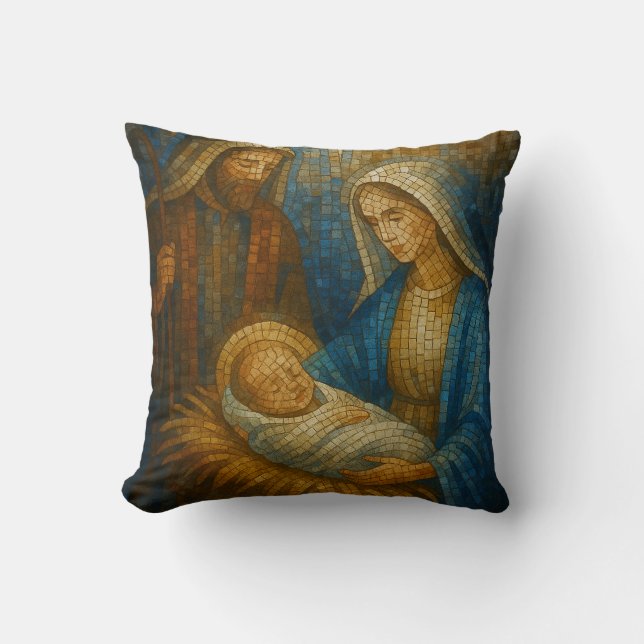 Nativity Stained Glass Mosaic | Holy Family  Throw Pillow (Front)