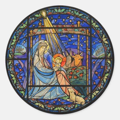 Nativity Stained Glass Window Classic Round Sticker