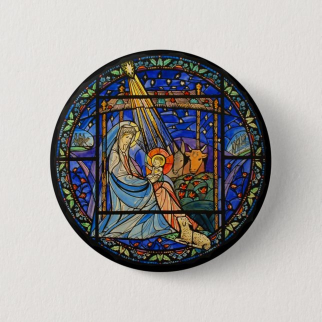 Nativity Stained Glass Window Pinback Button (Front)
