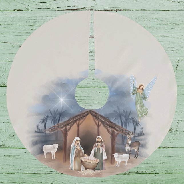 Nativity Watercolor Manger Baby Jesus Brushed Polyester Tree Skirt (Creator Uploaded)