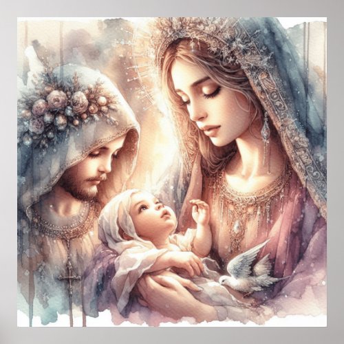 Nativity watercolor Virgin Mary with Jesus baby Poster