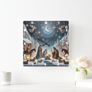 Nativity Winter Mary, Joseph, and baby Jesus Square Wall Clock