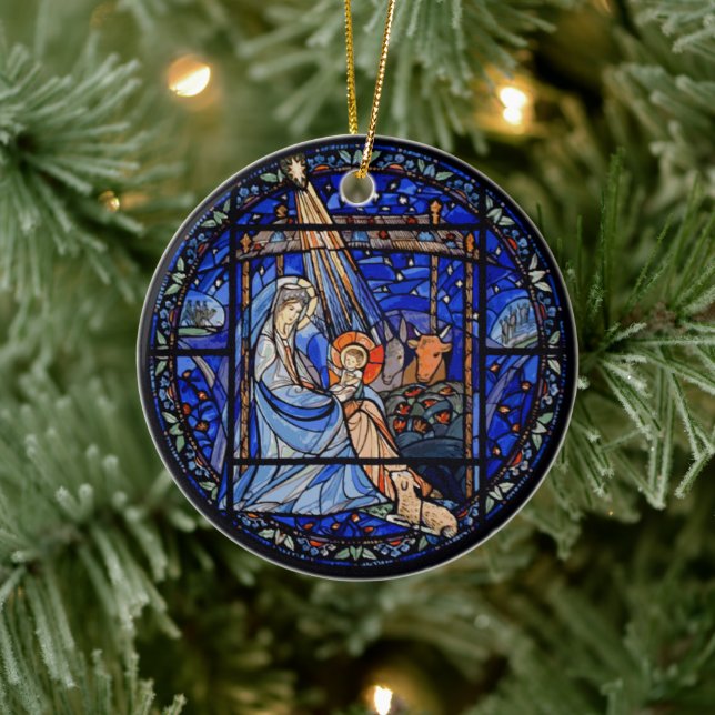 Nativity with Christmas + Date Ceramic Ornament (Tree)