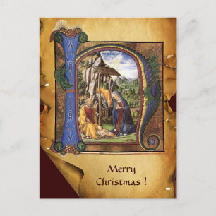 NATIVITY XMAS PARCHMENT Blue Sapphire Monogram Holiday Postcard