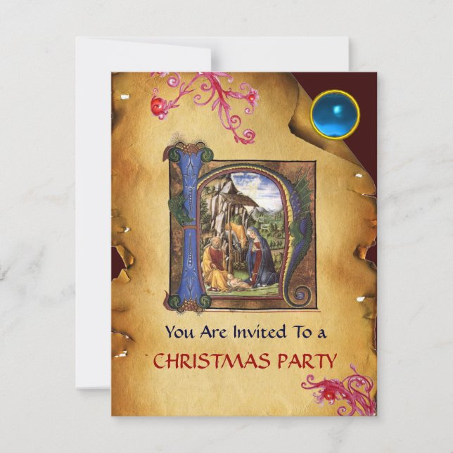 NATIVITY XMAS PARCHMENT Blue Sapphire Monogram Invitation (Front)