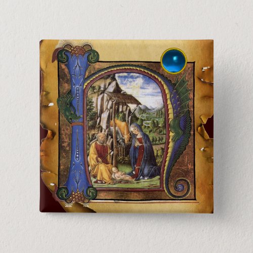 NATIVITY XMAS PARCHMENT Blue Sapphire Monogram Pinback Button